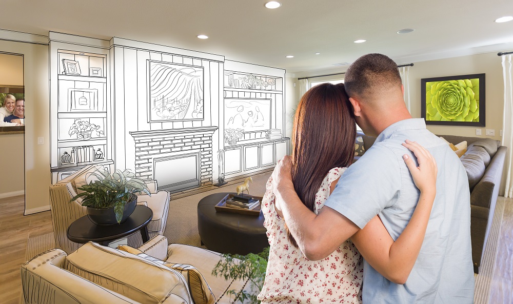 Young Military Couple Inside Custom Room and Design Drawing Comb